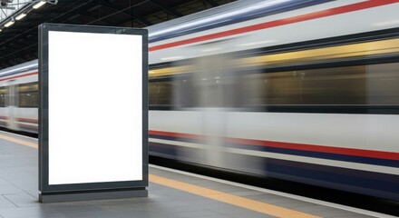 A blank advertising display stands on a train platform as a speeding train passes by.
