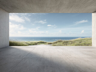 Fototapeta premium Concrete room with a view of the sea and blue sky