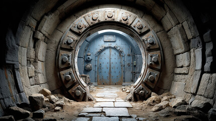 Ancient stone tunnel with rusty metal vault door leading to underground chamber in abandoned facility, bunker and apocalypse concept