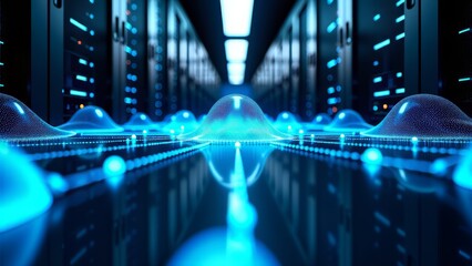 Futuristic server room with fluid data visualization