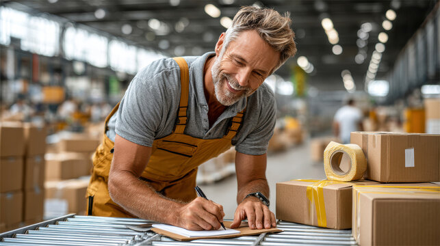Efficient male worker happily organizing packages in busy warehouse, smiling man writing on clipboard amid stacked boxes and taped parcels