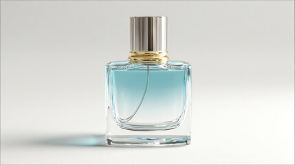 A clear glass perfume bottle with blue liquid inside