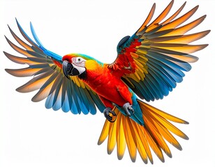 Fototapeta premium Bright tropical bird mid-flight, spread wings, vibrant feathers