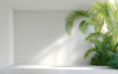 Fototapeta premium Bright and empty interior space with green palm plants