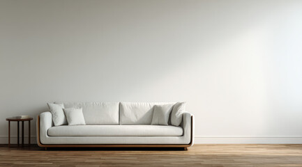 Modern white sofa in a minimalistic empty room with wooden floor