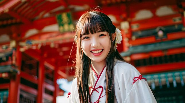Miko smiling in front of a Shinto shrine / 神社の前で笑顔の巫女