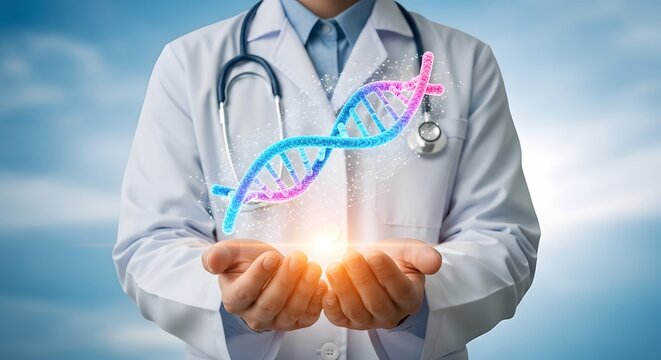 DNA Day Healthcare Professional Displaying a DNA Strand Genetic Research and Medical Innovation