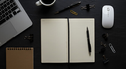 Workspace Essentials Laptop, Notebook, and Pen on a Dark Background for Creative Productivity and Organization