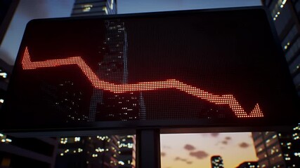 Red Downward Arrow on Led Sign Reflecting Financial Downturn with Cityscape Background at Twilight in Deep Focus - Powered by Adobe