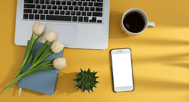 Bright Desk Arrangement with Laptop, Coffee, and Flowers A Productive Workspace