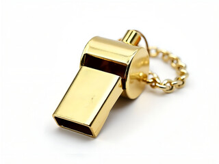 A golden whistle for signaling or indicating an alert with chain to be hanged easily
