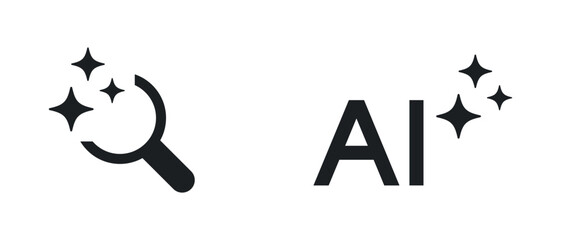 Generative AI logo icon | search icon with magic sparkle stars symbol , Artificial intelligence sign, magnifying glass loupe sign. Vector ai generated icon