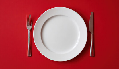 Empty white plate with fork and knife on red background