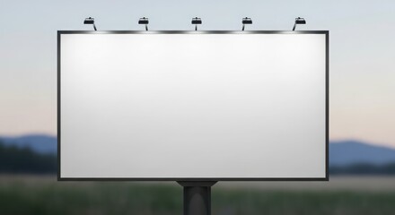 Obraz premium A blank billboard stands prominently against a blurred landscape background at dusk.