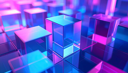 Obraz premium Abstract 3D Rendering of Glowing Pink and Blue Cubes