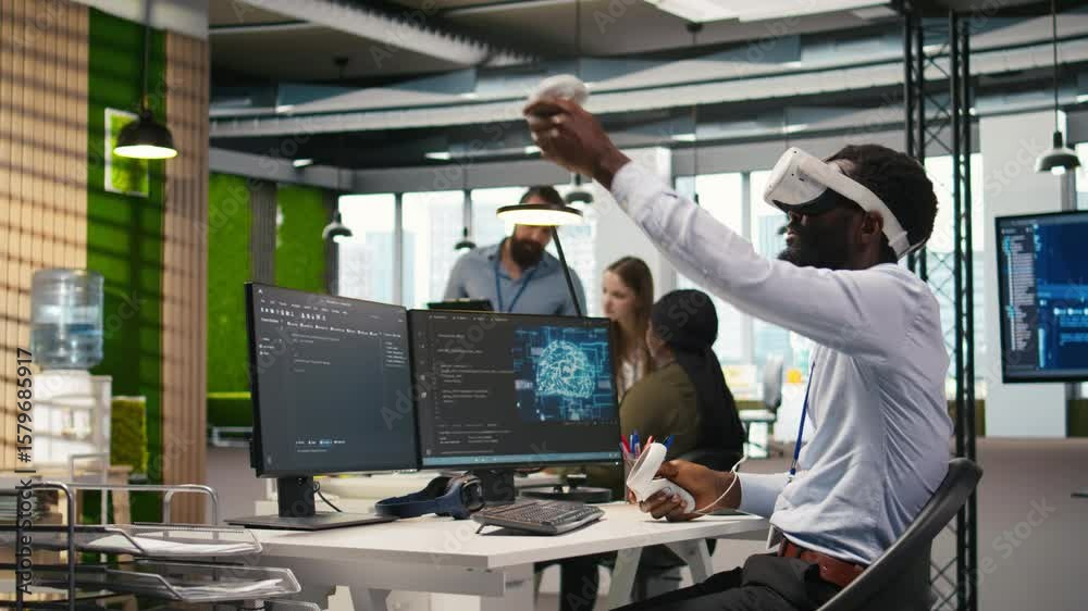 Fototapete programmer wearing vr headset at office desk developing programs using ai automation. startup worker