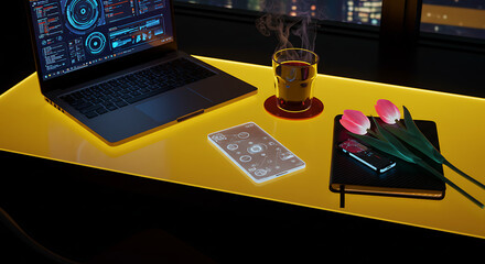 Futuristic home office with glowing desk, data analytics on laptop, and tea at night