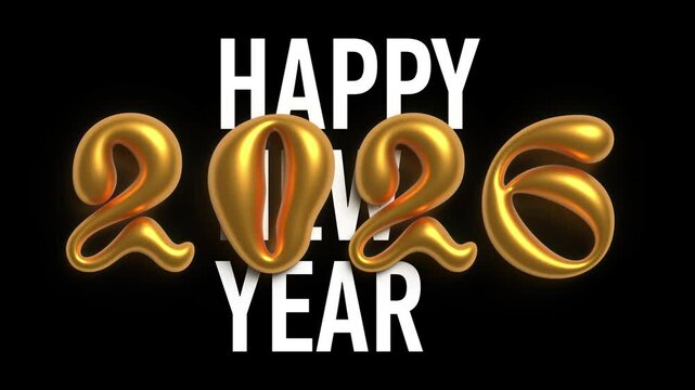 Horizontal 4K video. White text Happy New Year on black background. Gold shiny bright shining hand drawn 3D numbers 2026 falling. Volumetric letter. Animation for winter holiday with Liquid bold font