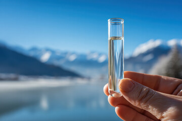 Clear liquid sample in test tube with mountain background