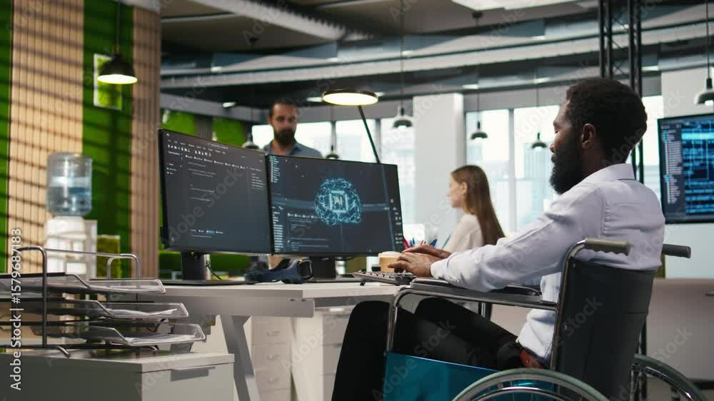 Fototapete Computer scientist with paraplegia in office automating repetitive tasks with AI scripts. IT professional in wheelchair using artificial intelligence to speed up feature implementation, camera A