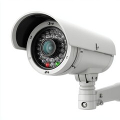 High-Resolution Close-Up of a Modern White Security Camera with Infrared LEDs and Weather Shield, Mounted on a Bracket, Isolated on White Background, Surveillance Technology and Home Security Concept