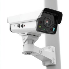 Modern White Surveillance Camera Mounted on Pole, Security System for Crime Prevention and Monitoring, CCTV Camera with High Resolution Lens and Weatherproof Housing, Security Technology
