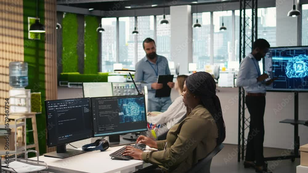 Poster computer scientist in startup office reviewing ai system metrics, monitoring performance dashboards.