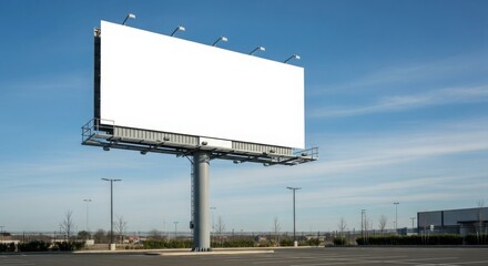 Fototapeta premium A tall, blank billboard stands against a clear, bright blue sky, ready for advertising.