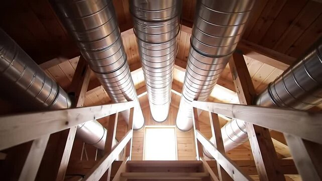 Wooden Attic with Three Metal Ventilation Pipes Toward Small Window and Bright Illumination