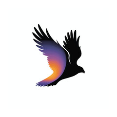 Obraz premium A majestic black eagle silhouette with vibrant purple and orange gradient wings soars through the sky, symbolizing freedom and power