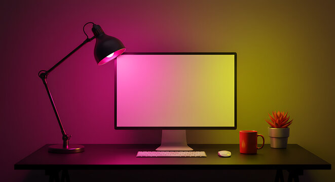 Illuminated Workspace Computer with Blank Screen on Desk with Lamp and Warm Colors
