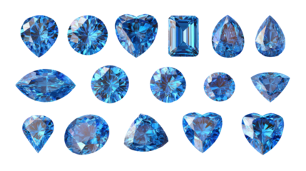  High-Resolution Set of 18 Brilliant Blue Diamond Gems on Transparent Background