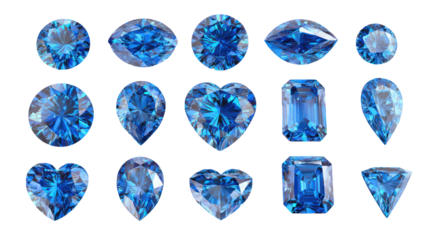  High-Resolution Set of 18 Brilliant Blue Diamond Gems on Transparent Background