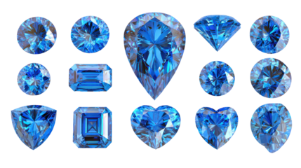  High-Resolution Set of 18 Brilliant Blue Diamond Gems on Transparent Background
