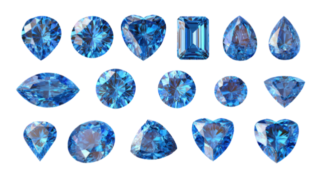  High-Resolution Set of 18 Brilliant Blue Diamond Gems on Transparent Background - Powered by Adobe