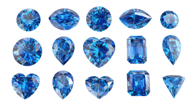  High-Resolution Set of 18 Brilliant Blue Diamond Gems on Transparent Background