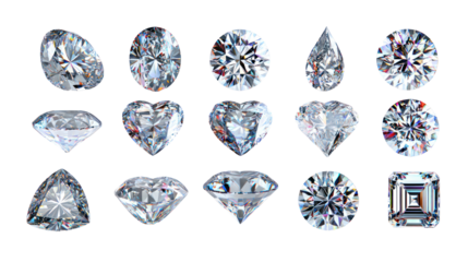 High resolution set of 18 brilliant diamond gemstones on transparent background

