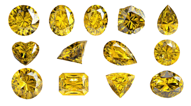 High resolution set of 18 brilliant yellow diamond gemstones on transparent background

 - Powered by Adobe