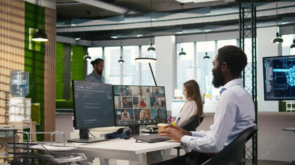Poster tech startup office team collaborating via videocall, doing brainstorming on backup solutions to pro