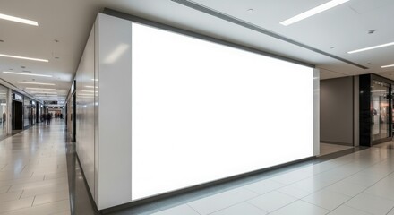 Empty large advertisement billboard in a modern shopping mall corridor.