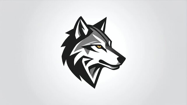 Stylized grey and white wolf head graphic with bright yellow eye