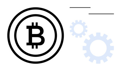 Fototapeta premium Central Bitcoin coin symbol encircled, accompanied by gear icons and simple lines. Ideal for blockchain, cryptocurrency, fintech, digital innovation, data processing, technical operations, and simple
