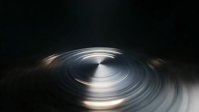 Spinning Metallic Disc Macro with Concentric Ridges and Flickering Circular Lights &ndash; Ultra HD 8K Cinematic Motion with Rhythmic Techno Sync