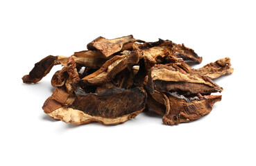 Pieces of dried mushrooms isolated on white
