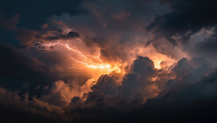 Dramatic thunderstorm with lightning bolts illuminating dark clouds