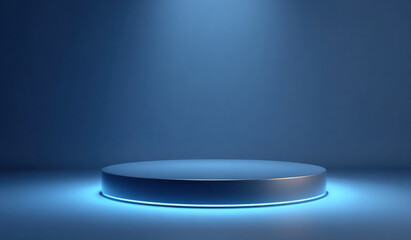 Shiny circular platform with blue lighting in a dark background