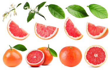 Fresh grapefruits and green leaves on white background, collage