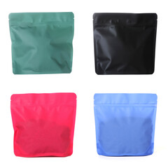 Zipper stand-up pouches in different colors on white background, set. Mockup for design