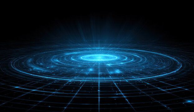 High-tech blue circular digital grid with radiant light effects