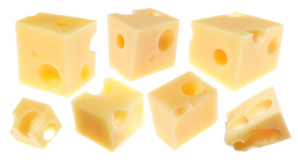 Cubes of fresh cheese on white background, collage